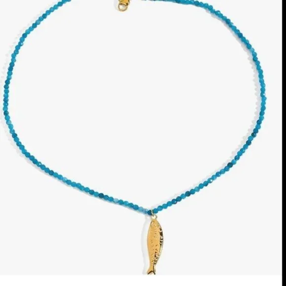 Fish Pendant + Blue Beaded Necklace Gold Fish Necklace WATERPROOF Jewelry PRETTY - Picture 11 of 11
